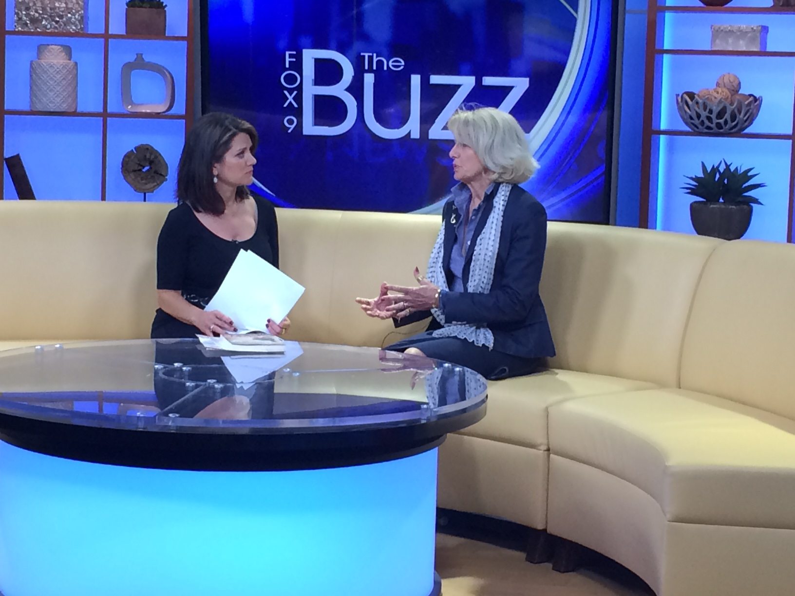 Helen Lindsay being interviewed in the Fox 9 studio