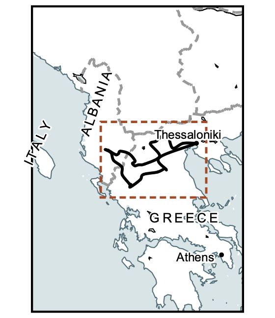 Locator map of the southern Balkans: the journey area, boxed in red, spans northern Greece and southern Albania, north of Athens